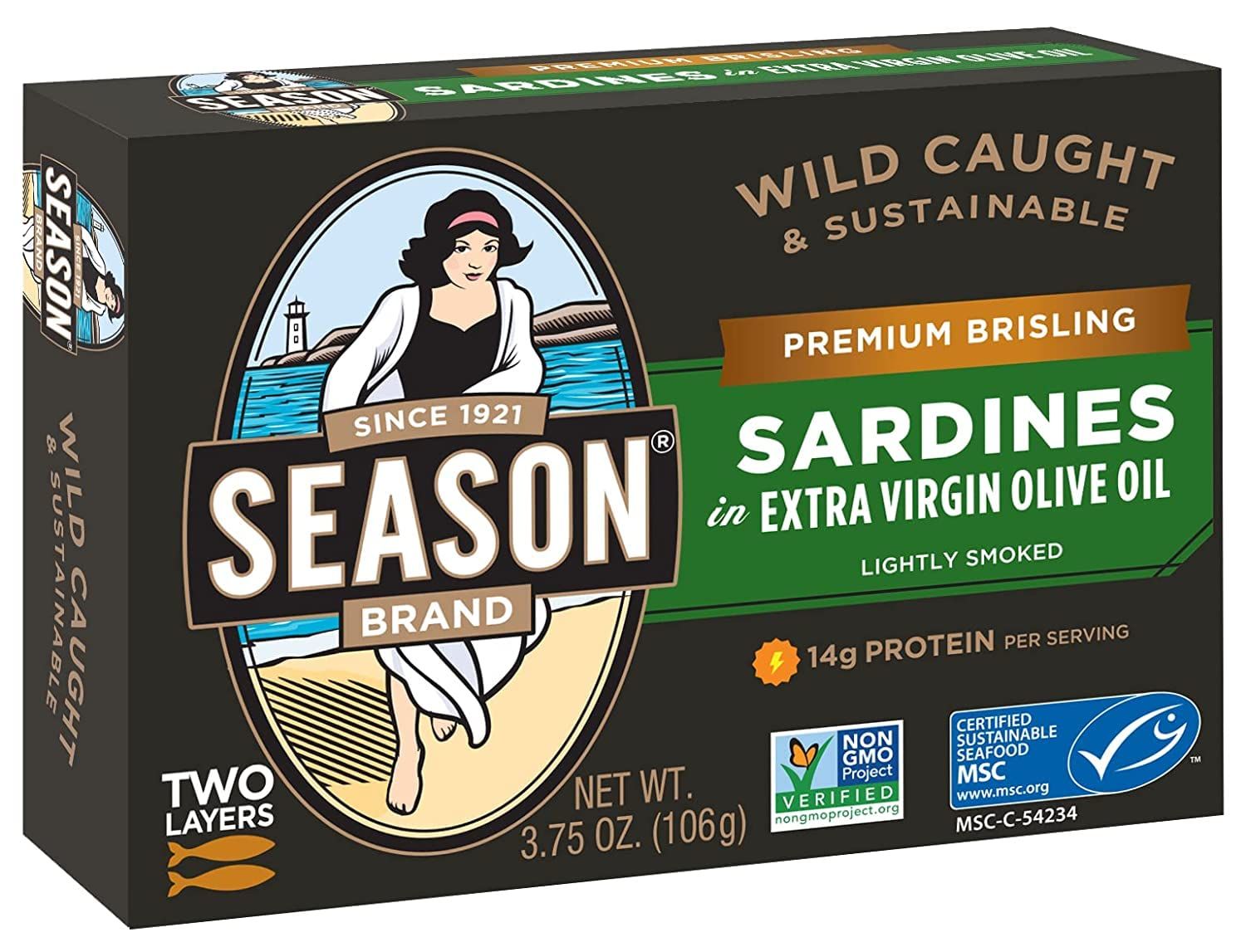Season Brisling Sardines in Extra Virgin Olive Oil - Wild Caught, 14g of Protein, Keto Snacks, More Omega 3&#39;s Than Tuna, Kosher, High in Calcium, Canned Sardines, Two Layers - 3.37 Oz Tins, 6-Pack