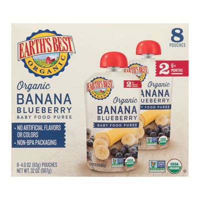 Earth&#39;s Best Organic Baby Food Pouches, Stage 2 Wholesome Breakfast Puree for Babies 6 Months and Older, Organic Banana Blueberry Puree, 4 oz Resealable Pouch (Pack of 8)