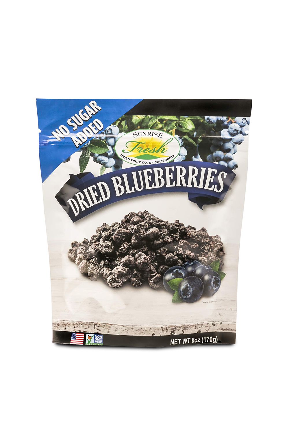Sunrise Fresh Dried Blueberries, 6oz Bag - No Sugar Added, Dehydrated Fruit for Baking, Healthy Snack
