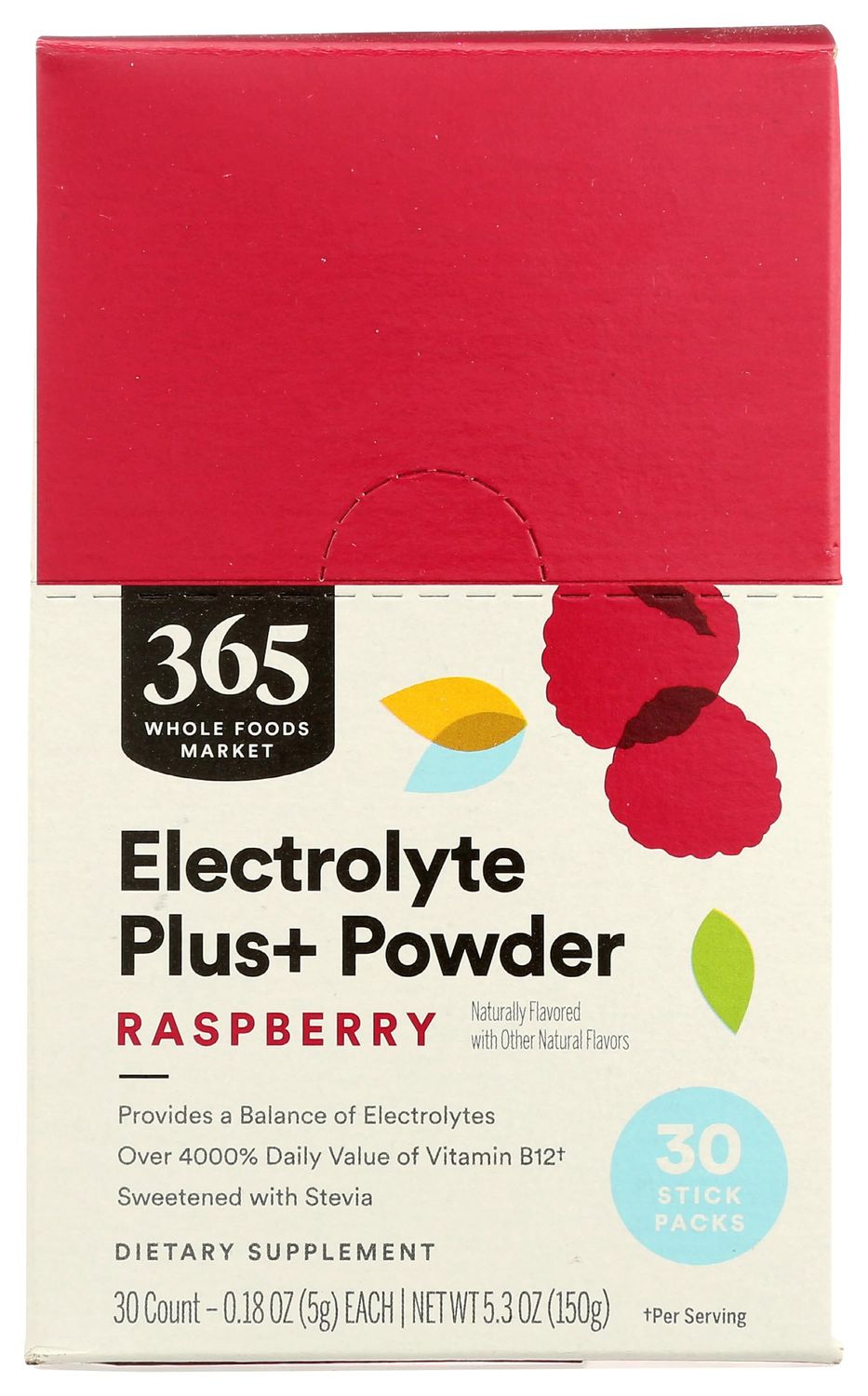 365 by Whole Foods Market, Electrolyte Plus  Powder, Natural Raspberry Flavor (30 - 0.18 Ounce Stick Packs), 5.3 Ounce