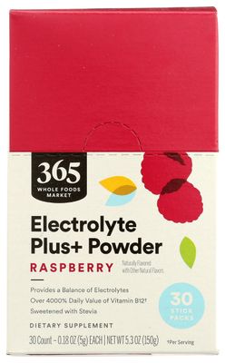 365 by Whole Foods Market, Electrolyte Plus  Powder, Natural Raspberry Flavor (30 - 0.18 Ounce Stick Packs), 5.3 Ounce