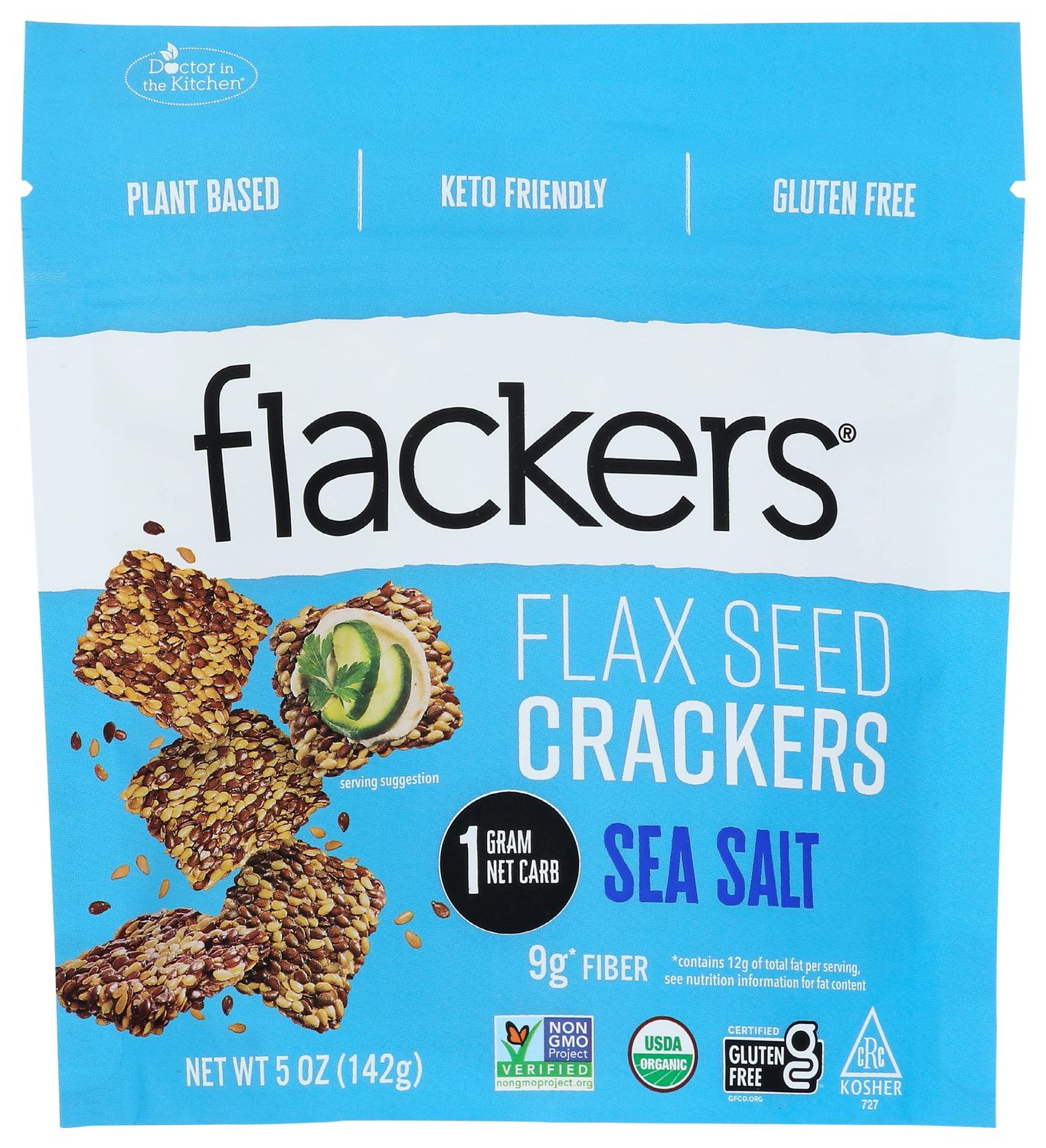 Flackers Organic Sea Salt Flaxseed Crackers, Gluten Free, Non GMO, Vegan, Keto Snack, 9g Fiber, 1g Net Carb, 5 Ounce (Pack of 6)