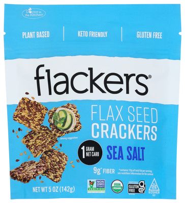 Flackers Organic Sea Salt Flaxseed Crackers, Gluten Free, Non GMO, Vegan, Keto Snack, 9g Fiber, 1g Net Carb, 5 Ounce (Pack of 6)