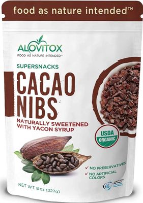 Alovitox Cacao Nibs With Organic Yacon Syrup  Healthy Protein Bite Snack (Raw, Non-GMO, Sugar Free, Keto, Paleo, Gluten Free &amp; Vegan)  Antioxidant With Criollo Chocolate Extracts  8 Oz