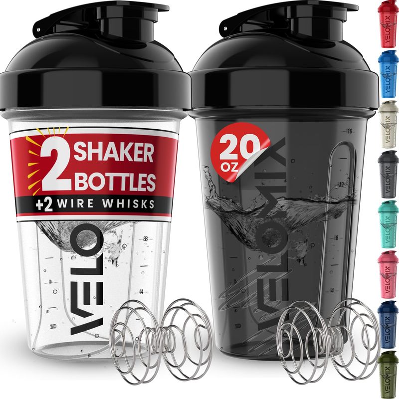 VELOMIX -2 Pack- 20 oz Protein Shaker Bottles for Protein Mixes - 2x Wire Whisk  Leak Proof Shaker Cups for Protein Shakes and Pre Workout  Protein Shaker Bottle Pack  Protein Mixer Cup