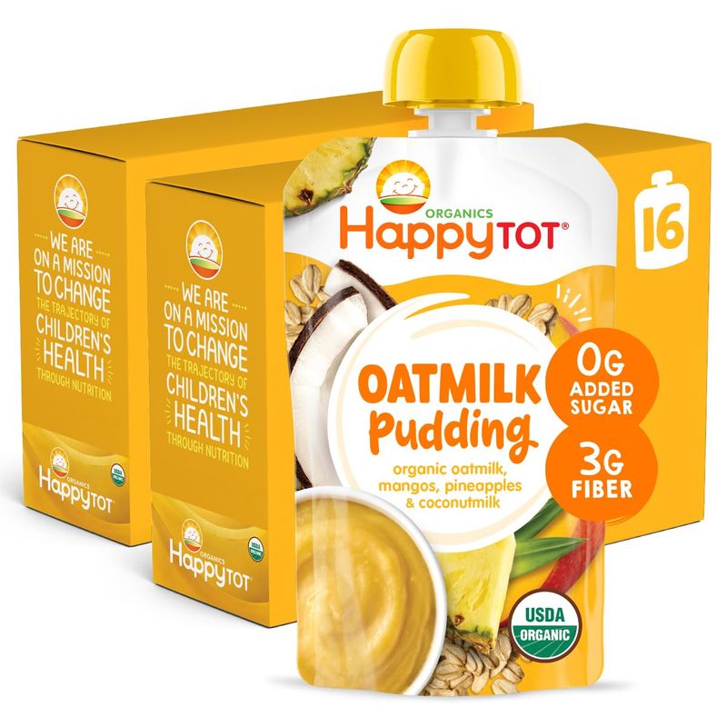 Happy Tot Organics Oatmilk Pudding, Dairy-Free, Stage 4 Toddler Snack, Oatmilk, Mangos, Pineapples &amp; Coconutmilk, 4 Ounce Pouch, Pack of 16