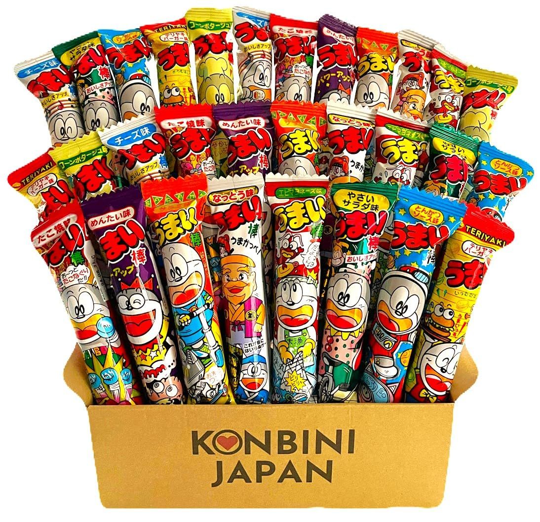 Konbini Japan - Umaibo Box - Japanese Dagashi 30 Stick Corn Puffed Snack Gift - Variety Pack of 30 (10 Flavors)