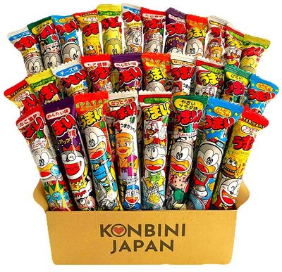 Konbini Japan - Umaibo Box - Japanese Dagashi 30 Stick Corn Puffed Snack Gift - Variety Pack of 30 (10 Flavors)