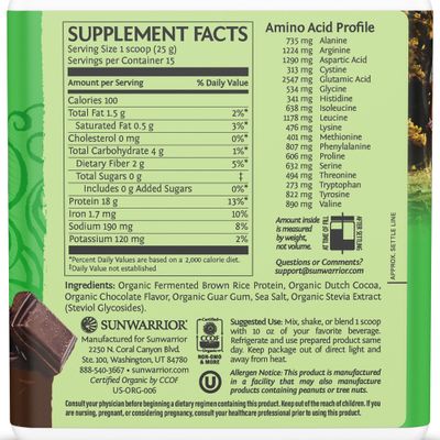 Brown Rice Protein Powder with Bcaa & Amino Acids Raw Rice Protein Shake Gluten Free Low Carb Dairy Free Plant Based Classic Sprouted Brown Rice Protein Powder Chocolate 375g by Sunwarrior