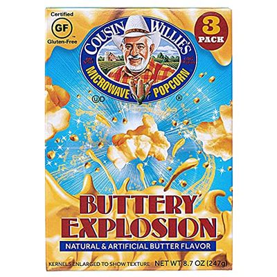 Cousin Willie&#39;s Microwave Popcorn Bags, Buttery Explosion (4 Boxes, 12 Bags), Gourmet Popcorn Boxes for Party, Whole Grain Popcorn, Gluten Free, Low Calorie Healthy Snack, Made in USA, non-GMO
