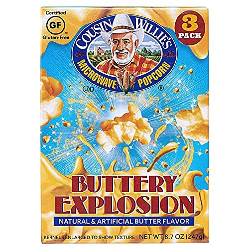 Cousin Willie's Microwave Popcorn Bags, Buttery Explosion (4 Boxes, 12 Bags), Gourmet Popcorn Boxes for Party, Whole Grain Popcorn, Gluten Free, Low Calorie Healthy Snack, Made in USA, non-GMO
