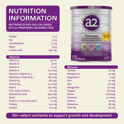 a2 Platinum Premium Infant Formula for Babies ages 0-12 Months, Milk-Based Powder with Iron. Nutritionally Complete, made with Pure and Natural a2 Milk - 31.7- oz Can - 6 Pack