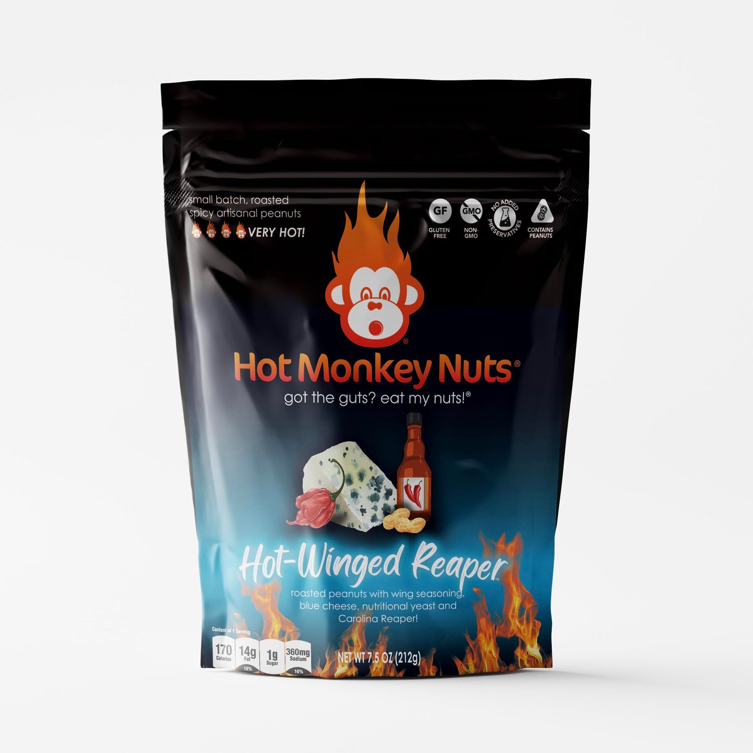 Hot Monkey Nuts Spicy Artisanal Peanuts  Hot Winged Reaper - Flavored with Buffalo Wing Seasoning, Blue Cheese, and Carolina Reaper Pepper, 7.5oz Pouch, Gluten Free, (Pack of 1)
