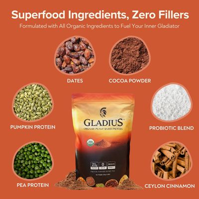GLADIUS Organic Plant Based Protein Powder  Chocolate  15 Servings  21g of Protein  Plant Based  No Sugars Added  Rich in Probiotics