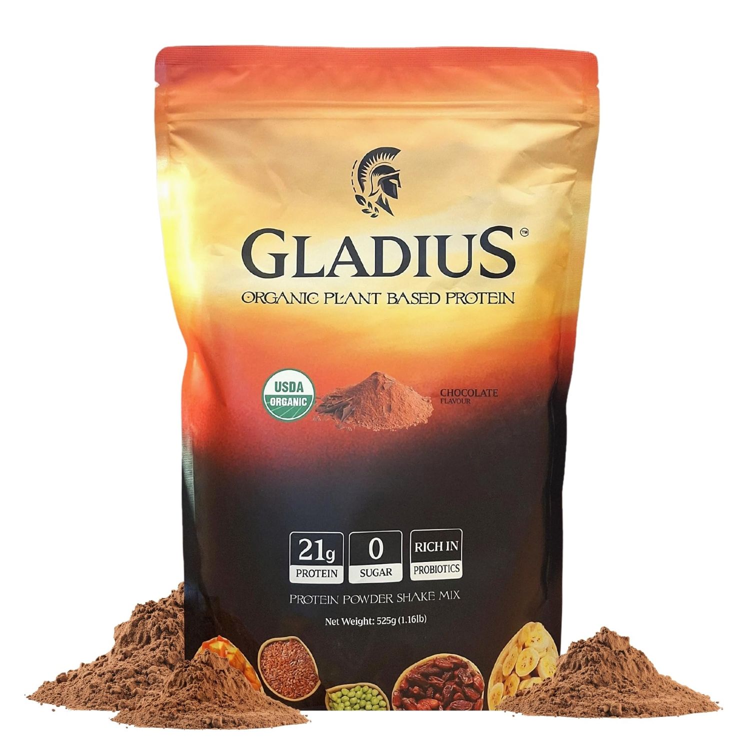 GLADIUS Organic Plant Based Protein Powder  Chocolate  15 Servings  21g of Protein  Plant Based  No Sugars Added  Rich in Probiotics