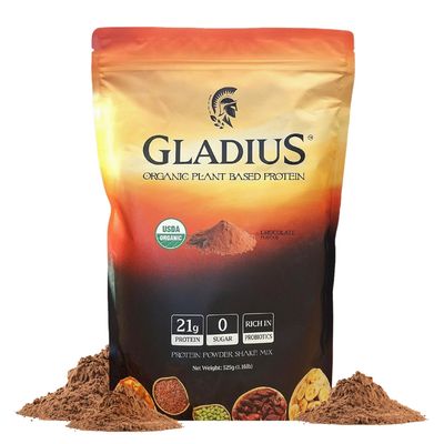 GLADIUS Organic Plant Based Protein Powder  Chocolate  15 Servings  21g of Protein  Plant Based  No Sugars Added  Rich in Probiotics