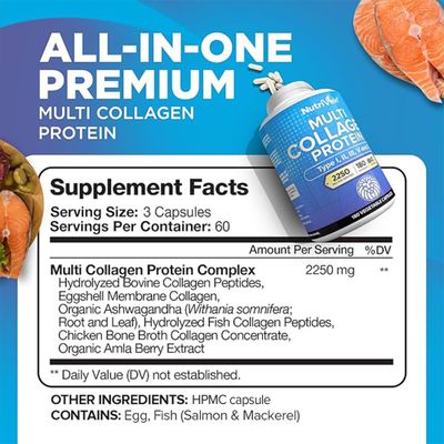 Nutrivein Premium Multi Collagen Pills 2250 mg - 180 Easy-to-Swallow Collagen Capsules: Type I, II, III, V, X Hydrolyzed Protein Peptides for Women and Men - Aging, Joints, Hair, Skin, Bones, &amp; Nails