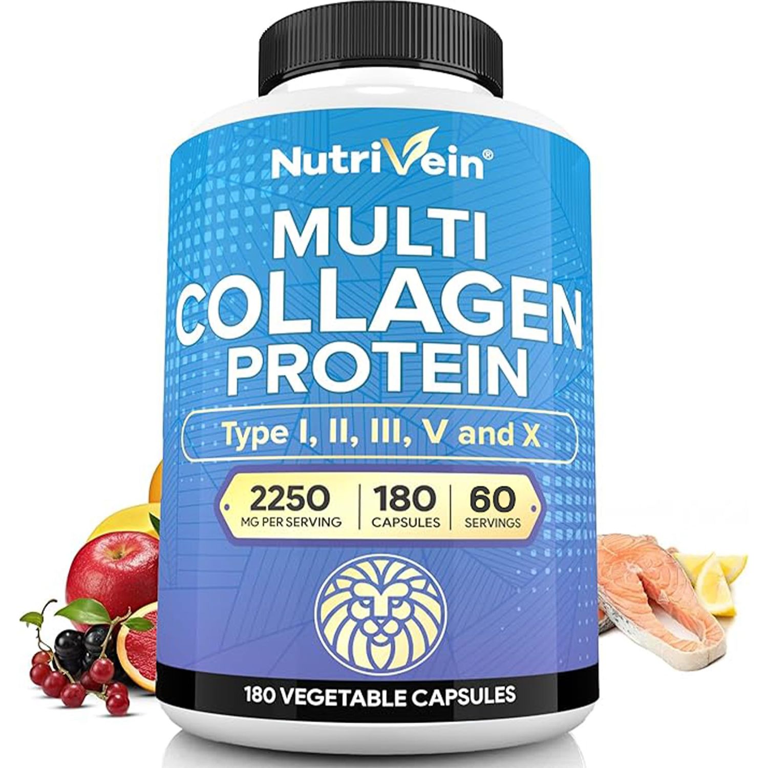 Nutrivein Premium Multi Collagen Pills 2250 mg - 180 Easy-to-Swallow Collagen Capsules: Type I, II, III, V, X Hydrolyzed Protein Peptides for Women and Men - Aging, Joints, Hair, Skin, Bones, &amp; Nails