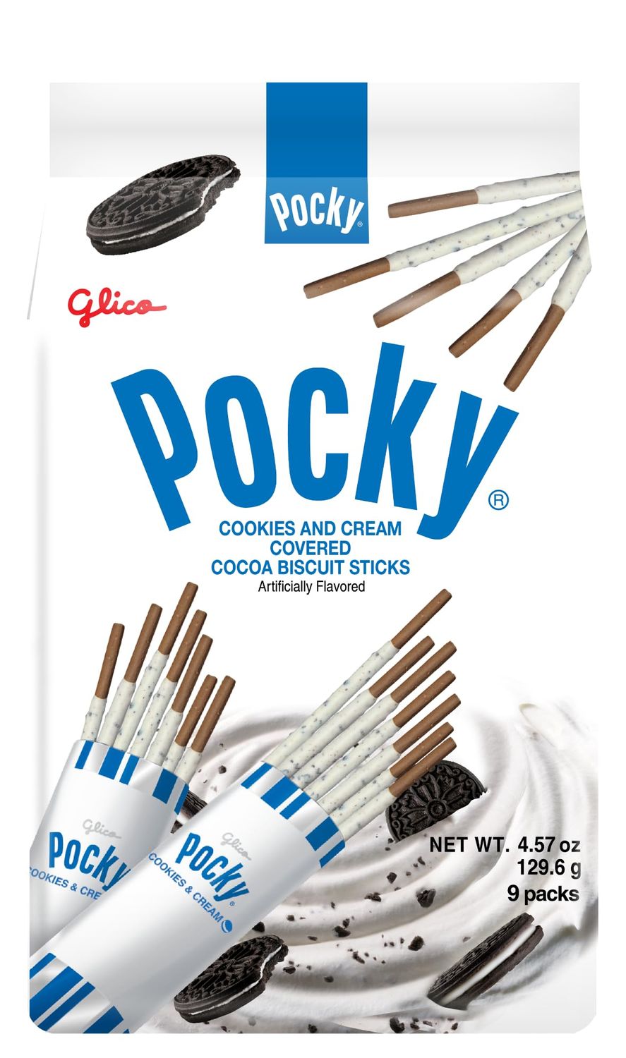 Pocky Cookies &amp; Cream Biscuit Sticks - Cookies &amp; Cream - Covered Crunchy Snack, Mess-Free and Great for Sharing - 9 Individual Packs (4.13oz Each)