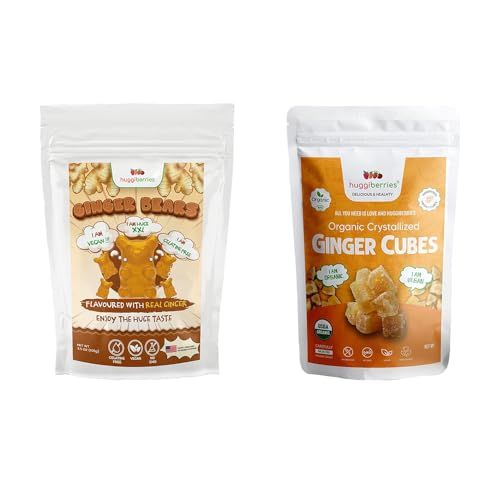 Huggiberries Ginger Gummy Bears and Organic Ginger Cubes Crystallized - Each Pack 7oz (200g) Vegan Delicious Gummies and Ginger Cubes for Kids and Adults - Pure Cane Suger Cubes - No Gelatin