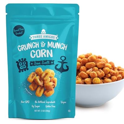 Three Amigos Corn Nuts Suger Free, 100% Vagan, Peanut Free Non-GMO (All Natural Ingredients) Guilt-Free snacking Toasted Corn Kernels in Reseable Bag - Crunchy &amp; Munch Snack (12 OZ) (12 oz, Sea Salt)