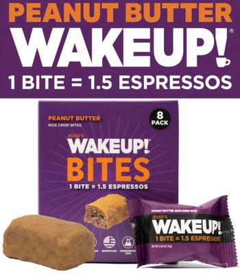 WAKE UP! Caffeinated Peanut Butter Protein Bites - Gluten Free, Vegetarian, 175mg Caffeine (1 Bite  1.5 Espressos) - Boosts Focus and Clarity - Kosher Ingredients - 8 Pack
