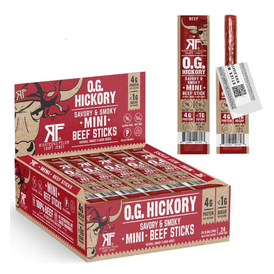 Righteous Felon Meat Sticks Minis  100% Beef Sticks  Gluten Free Meat Sticks  Low Sugar &amp; High Protein Beef Sticks  Healthy Snacks for Kids &amp; Adults  Jerky Gifts for Men  OG Hickory, 24 Ct