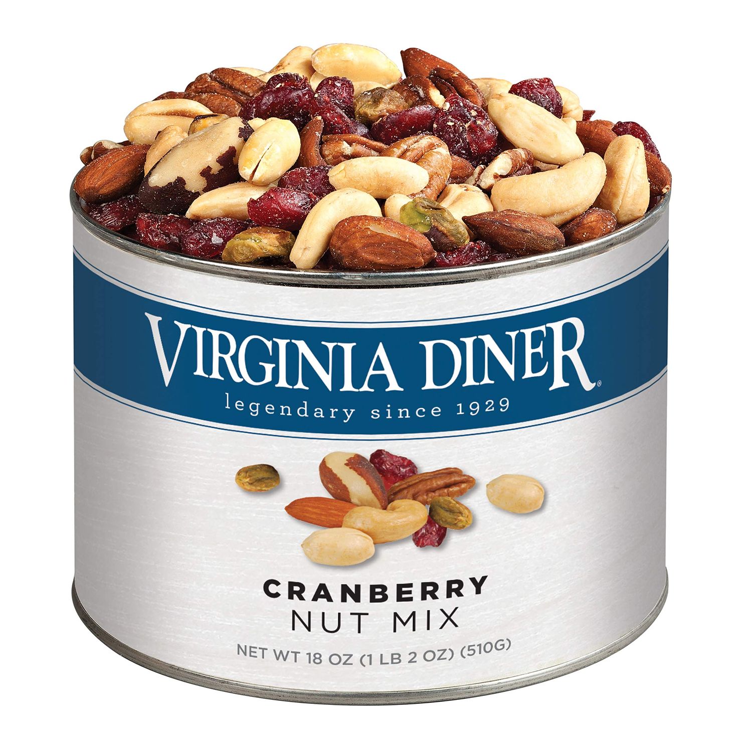 Virginia Diner - Gourmet Natural Cranberry Nut Mix (Virginia Peanuts, Almonds, Cashews, Pecans, Pistachios, Brazil Nuts, &amp; Dried Cranberries), 18 Ounce Tin