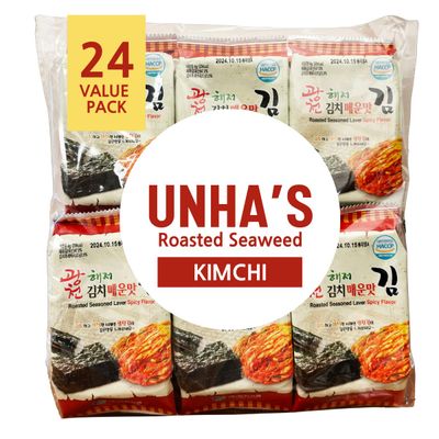 Korean Crispy Seasoned Seaweed Snacks Kimchi Spicy Sheets - 24 Individual Packs 100% Natural Laver 24 Pack Roasted Nori Snack Healthy Premium Gim by Unha&#39;s Asian Snack Box (Kimchi24PK)