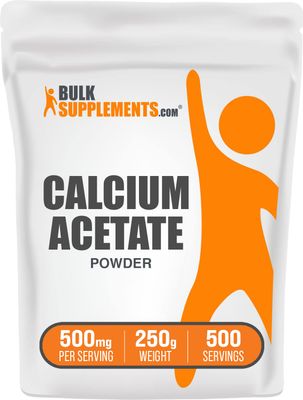 BulkSupplements.com Calcium Acetate Powder - Calcium Supplement, Calcium Acetate Supplement - Food Grade &amp; Gluten Free, 500mg (125mg Calcium) per Serving, 250g (8.8 oz) (Pack of 1)