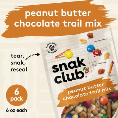 Snak Club Peanut Butter Chocolate Trail Mix with Peanuts, Peanut Butter M&amp;MS, Toffee Peanuts, and Pretzels, 6 oz Per Bag, 6 Resealable Bags