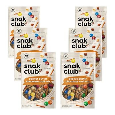 Snak Club Peanut Butter Chocolate Trail Mix with Peanuts, Peanut Butter M&amp;MS, Toffee Peanuts, and Pretzels, 6 oz Per Bag, 6 Resealable Bags