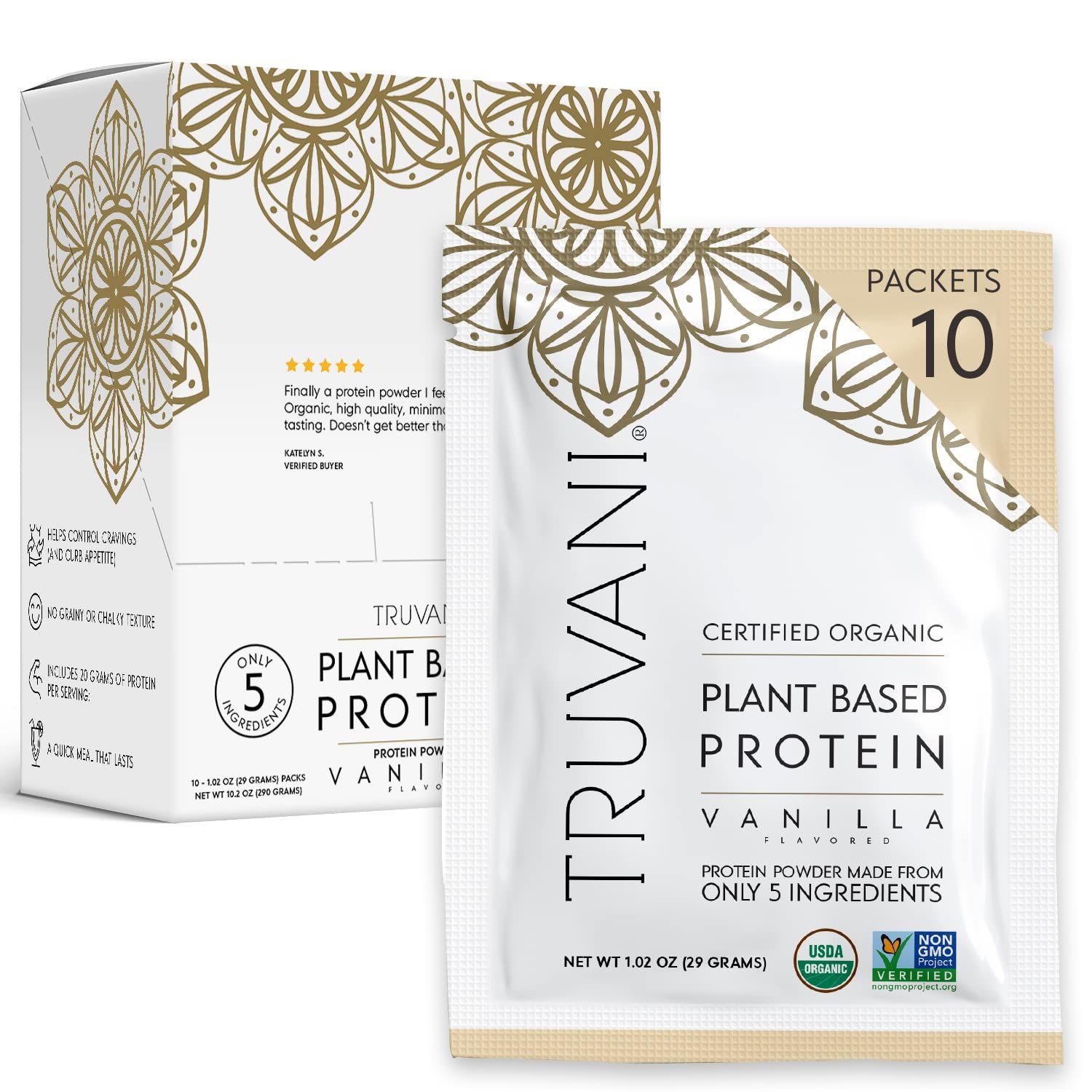 Truvani Vegan Pea Protein Powder  Vanilla  20g Organic Plant Based Protein  10 Travel Packets  Keto  Gluten &amp; Dairy Free  Low Carb  No Added Sugar