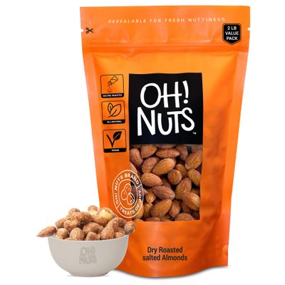 Oh! Nuts Almonds - Dry Roasted Salted - 2 lb - Freshly Oven Roasted and Salted Almonds - Packed in New York Zip-Seal Bag for Exceptional Freshness