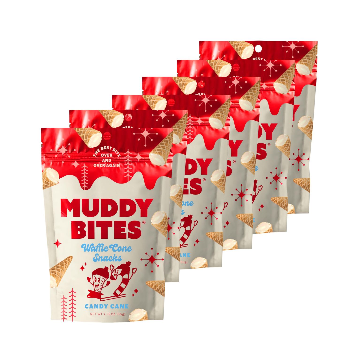 Muddy Bites Waffle Cone Snacks Bite Sized Chocolate Filled Waffle Cones for Snack or Dessert, Candy Cane, Made with Cane Sugar, Non-GMO, Kosher (Candy Cane, 6 Bags)
