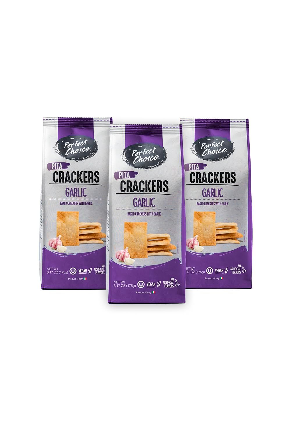 Perfect Choice Pita Crackers (Garlic) - Oven Baked and Crunchy Garlic Snack - Perfect for Dipping in Sauces or Pairing with Bruschettas - 6.17 oz (Pack of 3)