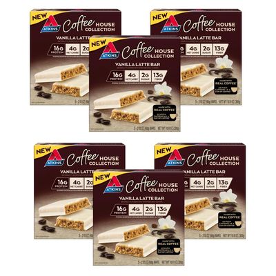 Atkins Coffee House Meal Bar, Vanilla Latte, 16g Protein, 4g Net Carbs, 2g Sugar, 13g Fiber, Made with Real Coffee, 5 Count (Pack of 6)