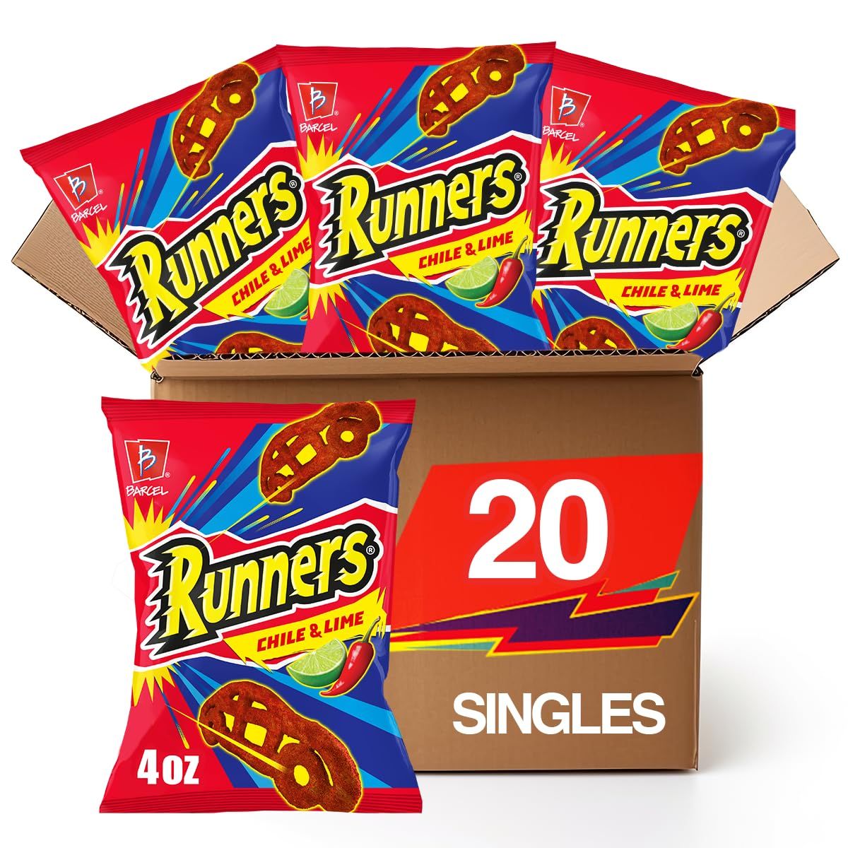 Barcel Runners 20 ct, 4 oz Snack Size Case, Chili Pepper &amp; Lime Flavored Spicy Corn Snacks