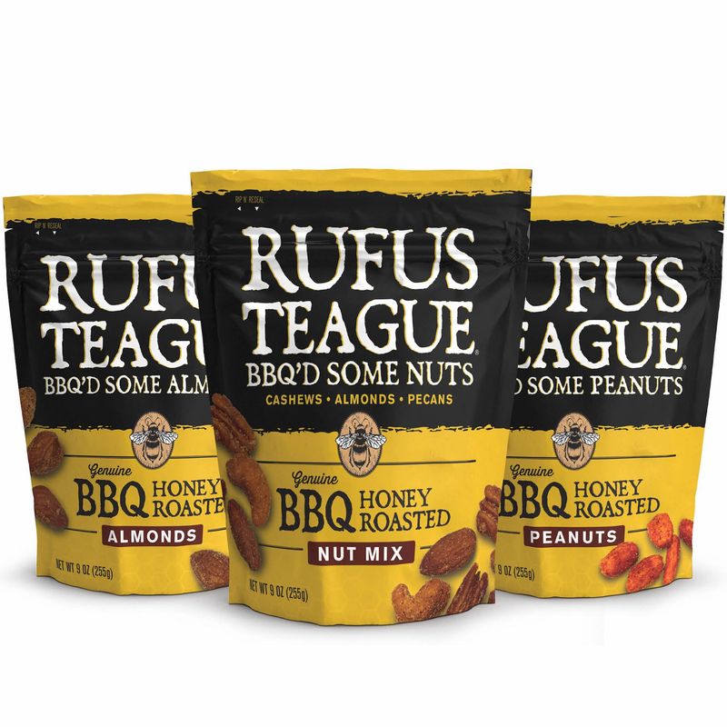 Rufus Teague BBQ Nut Variety Pack - Smoky, Sweet &amp; Crunchy Honey Roasted Nuts - Almonds, Peanuts, Cashews &amp; Pecans, 9 oz Resealable Pouches (Pack of 3)