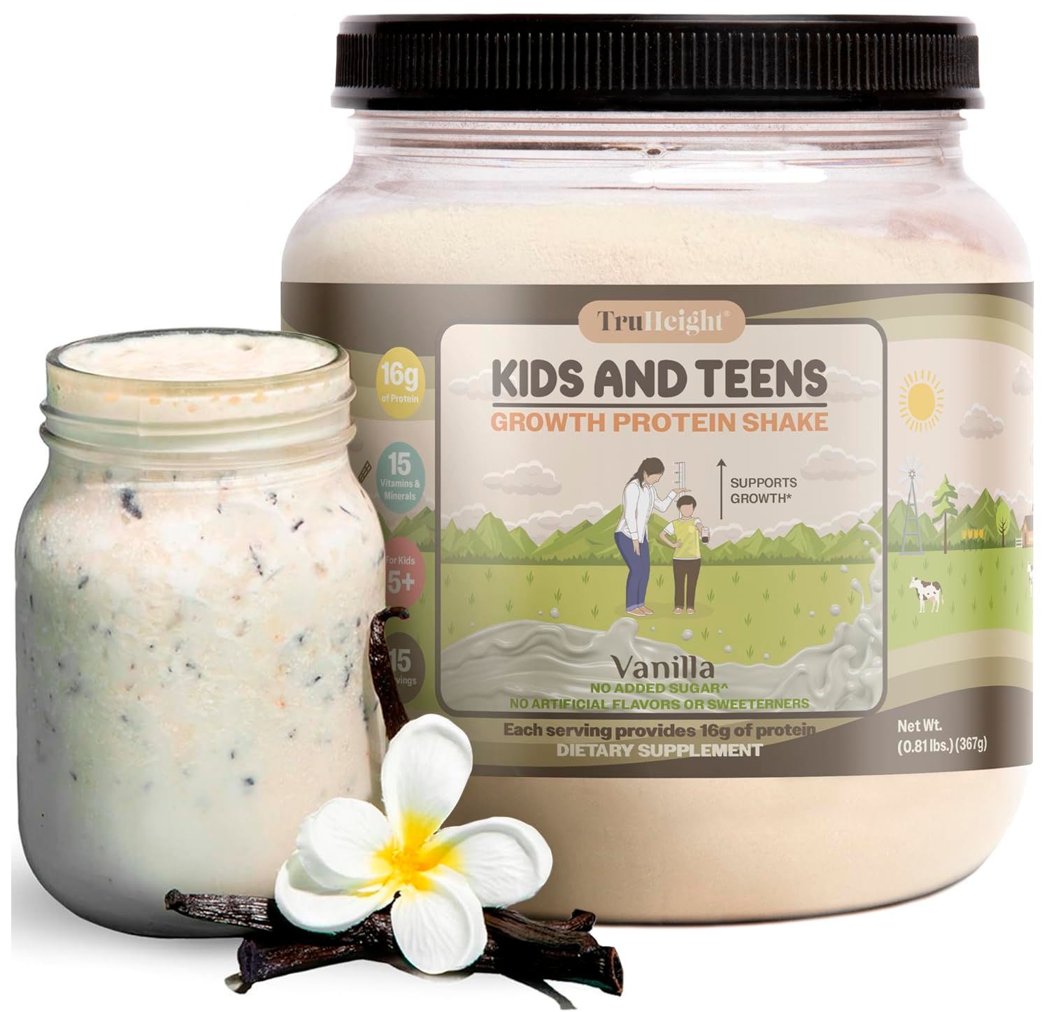 TruHeight Growth Protein Shake (Vanilla Ice Cream Flavor, Whey) Growth &amp; Development Protein Powder for Kids &amp; Teens - Weight Gain Drinks - Endorsed by Pediatricians, Picky Eater Vitamin, Ages 5