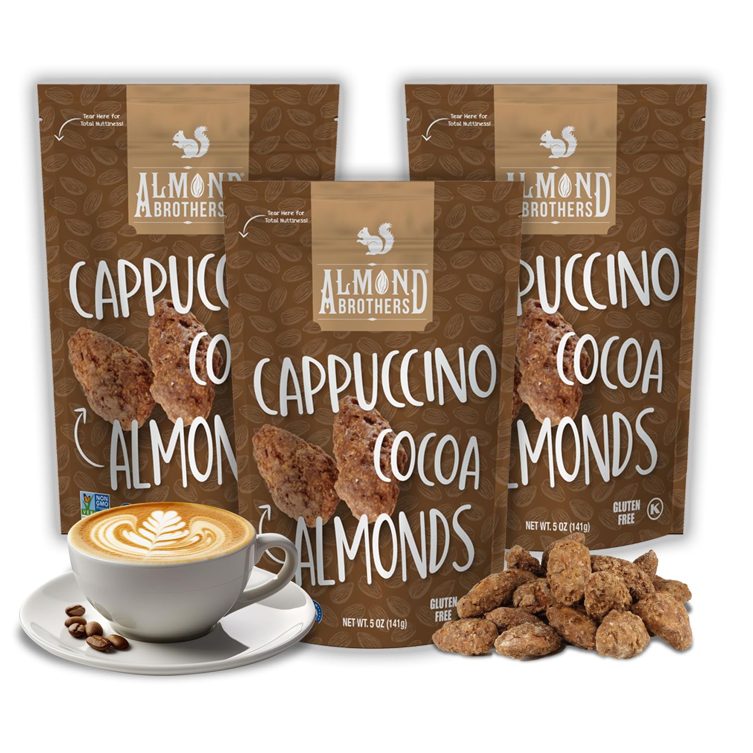 Almond Brothers Roasted Almonds - Hand Crafted Cappuccino &amp; Cocoa Almonds, Gluten-Free, Non-GMO, Candied Almonds (5 Oz, Pack of 3)
