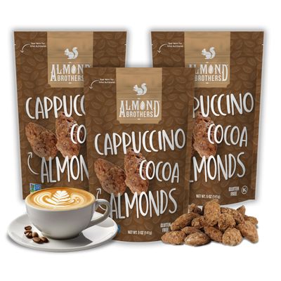 Almond Brothers Roasted Almonds - Hand Crafted Cappuccino &amp; Cocoa Almonds, Gluten-Free, Non-GMO, Candied Almonds (5 Oz, Pack of 3)
