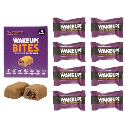 WAKE UP! Caffeinated Peanut Butter Protein Bites - Gluten Free, Vegetarian, 175mg Caffeine (1 Bite  1.5 Espressos) - Boosts Focus and Clarity - Kosher Ingredients - 8 Pack