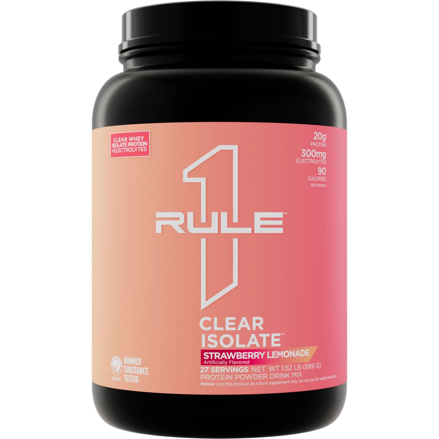 Rule One Proteins Clear Isolate - 20g All-whey Isolate Protein, Over 9g EAAs, 300mg of Electrolyte Minerals, 90 Calories, Light, Crisp, and Refreshing Taste (27 Servings, Strawberry Lemonade)