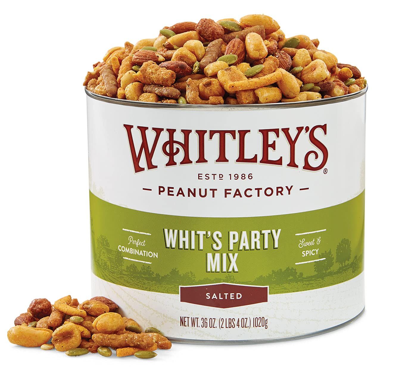 Whitleys &#39;Whit&#39;s Party Mix&#39; - Sweet &amp; Spicy Snack Mix, Sesame Sticks, Corn Nuts, Cajun Sticks &amp; Nuts (36 Ounce Tin)