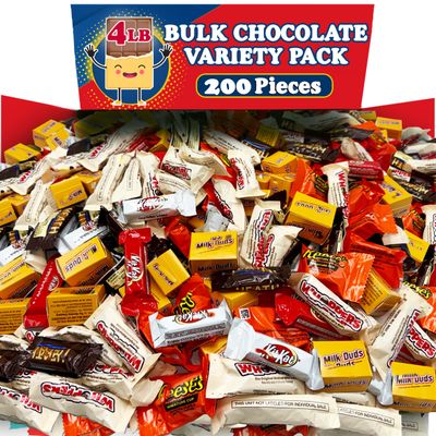 Bulk Chocolate Candy Bar Mix, 4 Lbs, Individually Wrapped Milk Chocolate Variety Pack, Miniature Chocolate Bars Party Bag Assortment, Milkduds, Peanut Butter Cups, Crunchy Bars, Appx 200 Pieces