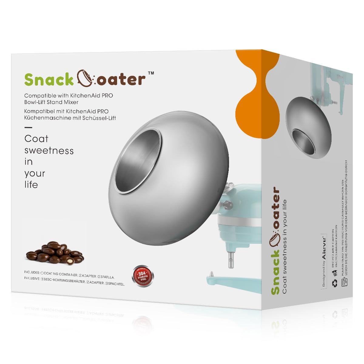 Aieve Snack Coater Compatible with KitchenAid Bowl-Lift Stand Mixer for Making Chocolate Covered Almonds, Pistachio, Peanut, Freeze Dried Strawberry, Raisin, Macadamia Nuts,Blueberry and Easter Eggs