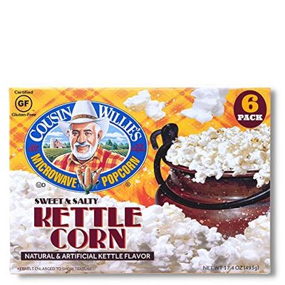 Cousin Willie&#39;s Microwave Popcorn Bags, Kettle Corn (6 Bags), Gourmet Popcorn Boxes for Party, Whole Grain Popcorn, Gluten Free, Low Calorie Healthy Snack, Made in USA, non-GMO