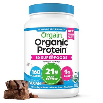 Orgain Organic Vegan Protein  50 Superfoods Powder, Creamy Chocolate Fudge - 21g Plant Based Protein, 9g Prebiotic Fiber, No Lactose, Gluten Free, No Added Sugar, 2.02 lb (Packaging May Vary)
