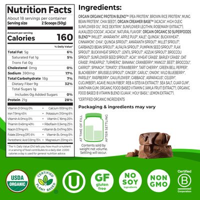 Orgain Organic Vegan Protein  50 Superfoods Powder, Creamy Chocolate Fudge - 21g Plant Based Protein, 9g Prebiotic Fiber, No Lactose, Gluten Free, No Added Sugar, 2.02 lb (Packaging May Vary)
